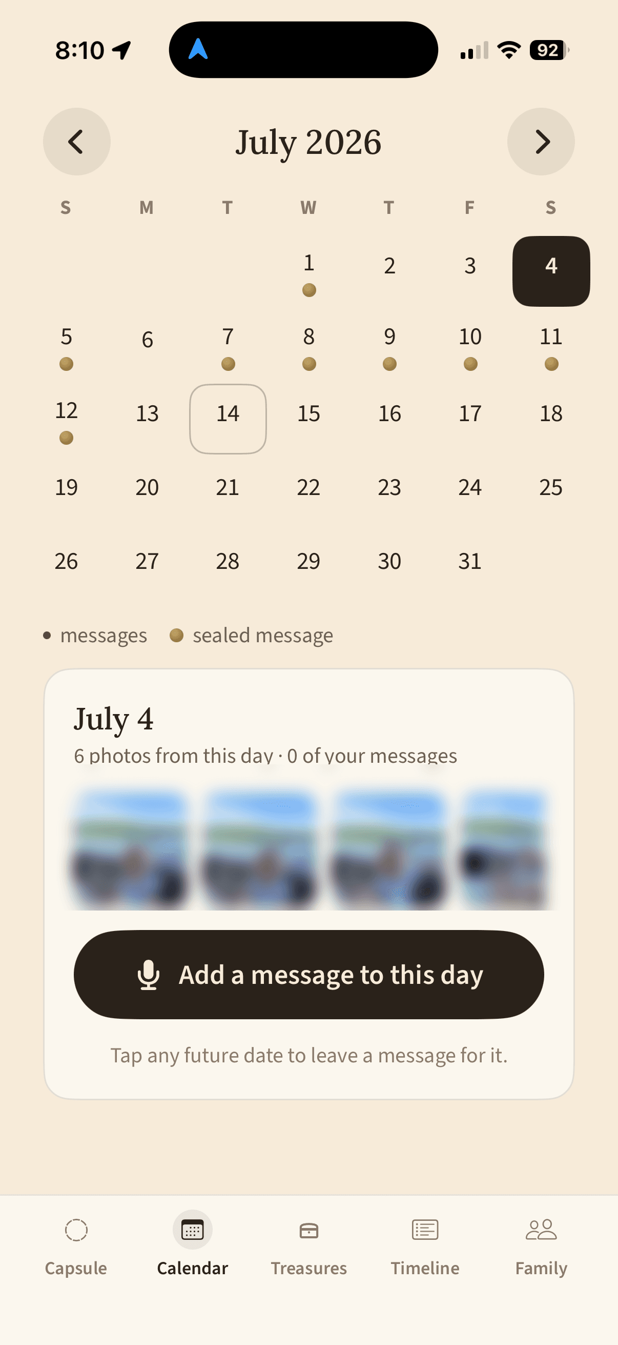 A calendar with blurred photo thumbnails on past days