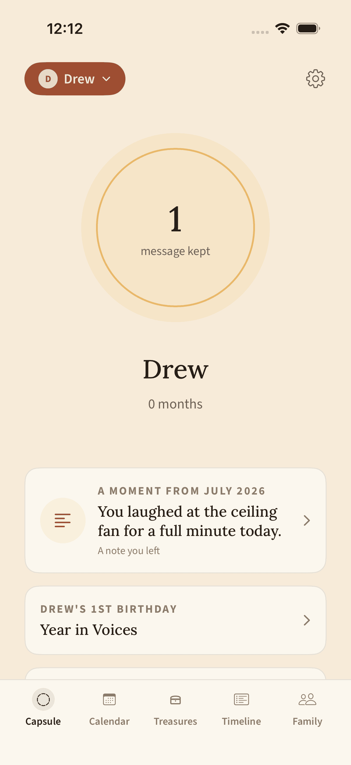 Drew's Tiny Treasures capsule home screen