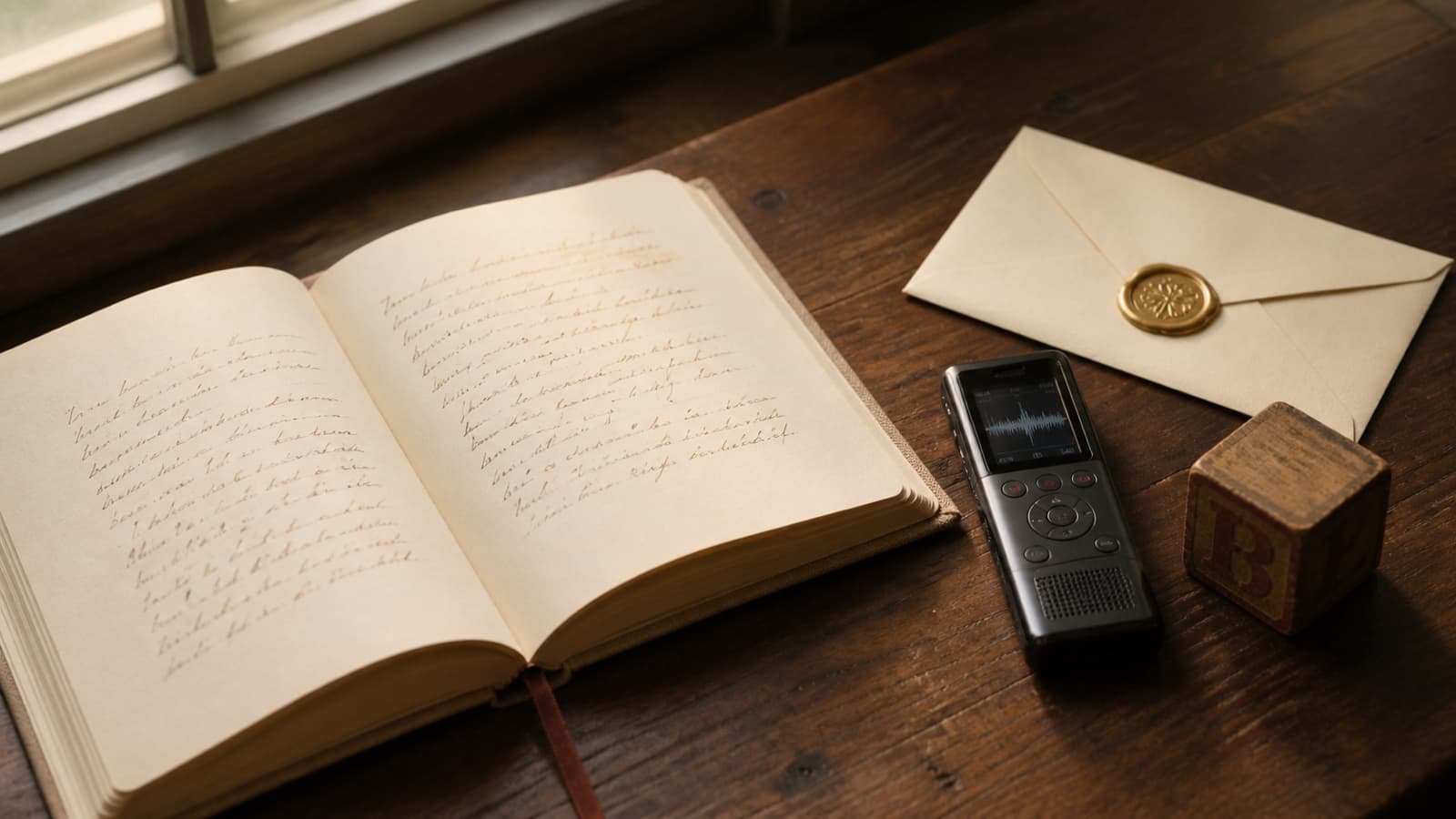 An open childhood journal beside a voice recorder, a wooden alphabet block and a sealed envelope in warm window light.
